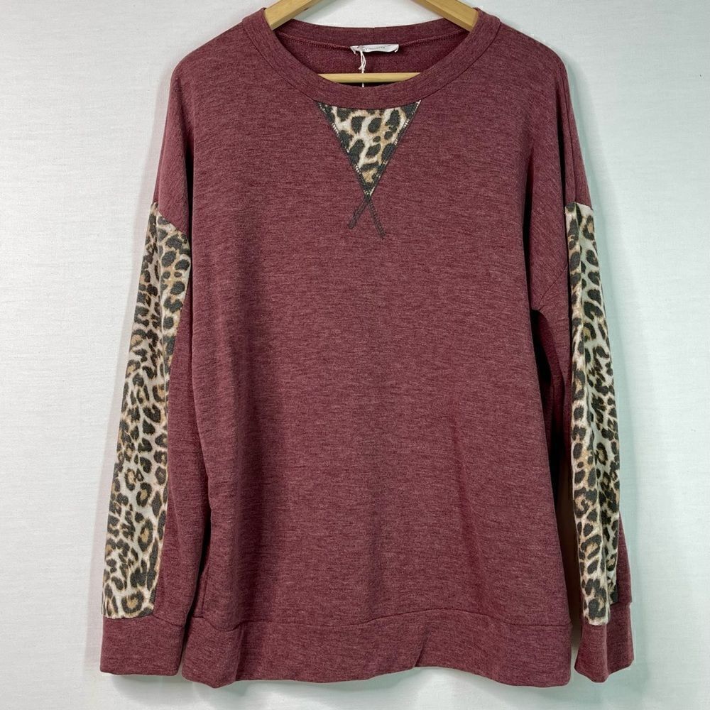 NWT First Love Brushed Fleece Leopard Patchwork Long Sleeve (Burgundy) - Large